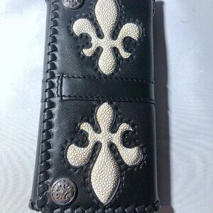 Leather Wallet , trifold, with sting ray Fleur de lis on front. Motorcycle item